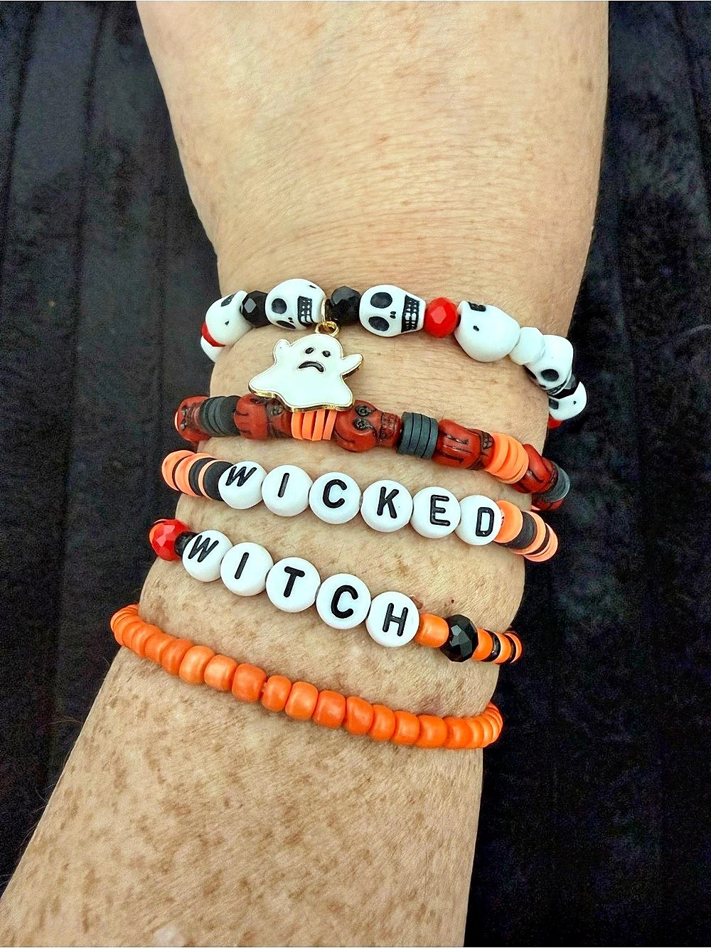 Halloween Beaded Bracelet Stack in Orange, White, Black, Red